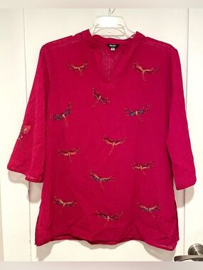💥3/$50 More Red Linen Tunic with Dragonfly Embroidery & Beadwork | Gorgeous!
